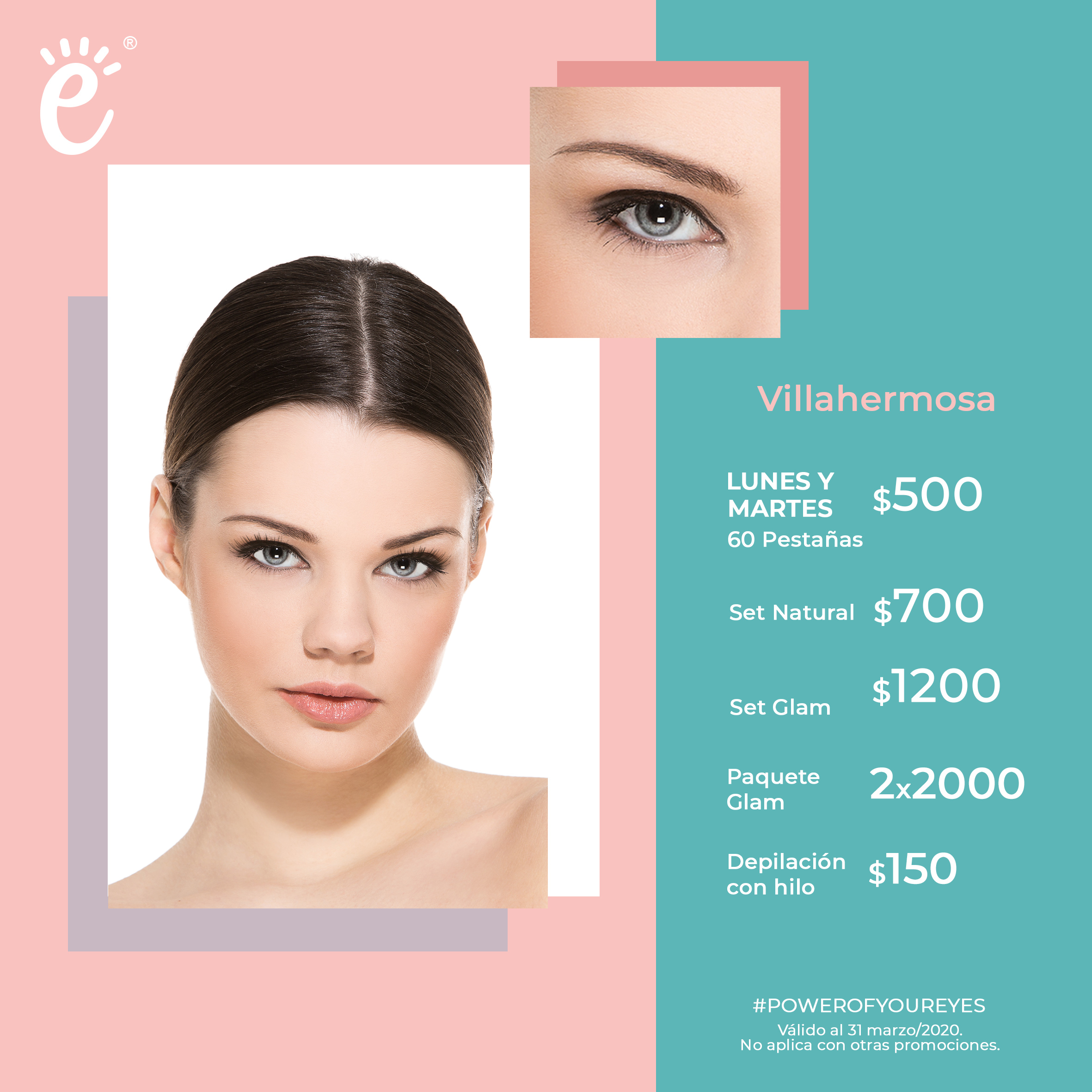 Lunes y Martes: 60 pestañas $500, Full Set Natural $700; Full Set Glam 1,200; ó Paquete Glam 2x2000